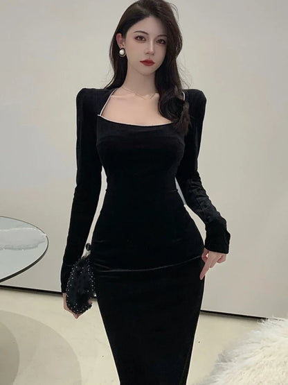 Sexy Backless Bow Design Black Velvet Dress Women Bodycon High Split New  Spring Autumn Prom Evening Party Dresses Vestidos