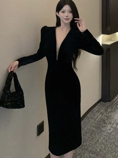 lovwvol Sexy Deep V-neck Black Velvet  Dress Women Autumn Winter Vintage Solid Long Sleeve Prom Vestidos Evening Party Robe Female New