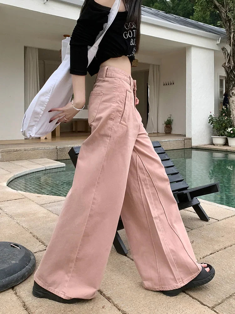 lovwvol   Women's Pink Wide Leg Jeans American Fashion Vintage High-waisted Loose Straight-leg Trousers Streetwear Y2k clothes