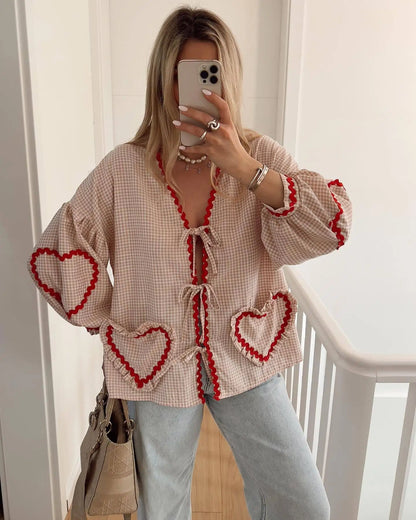 lovwvol Vintage Women Loose Heart Pockets Shirts 2024 Fashion Ladies Casual V Neck Bow Buttons Blouses for Female Chic Tops Clothes