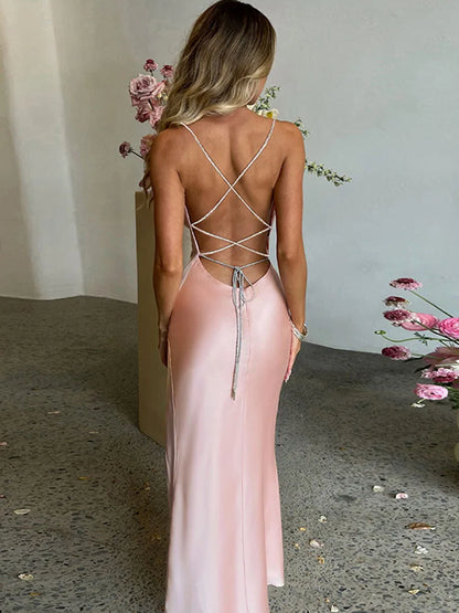 Sexy Split Spaghetti Strap Backless Maxi Dress Women Evening Lace Up Party Dresses Woman Pure Color Prom Clothes Robes