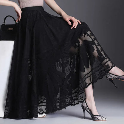 Lace Skirt Women's New A-word Long Skirt Big Swing Gauze Hollow Pleated Skirt