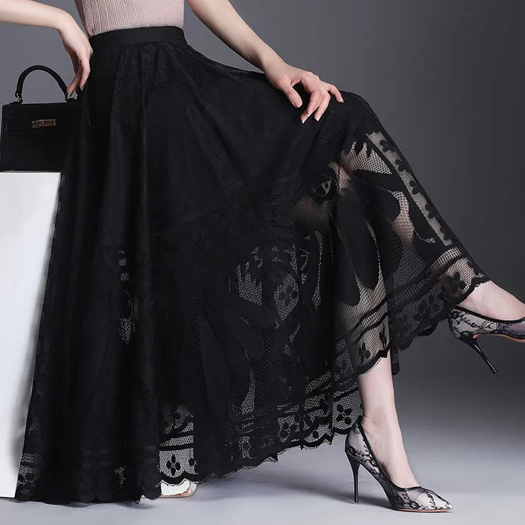 Lace Skirt Women's New A-word Long Skirt Big Swing Gauze Hollow Pleated Skirt