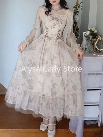 lovwvol Vintage Elegant Floral Dress Women Sweet Ruffles Mesh Fairy Strap Dress Female 2023 Summer Court Retro Evening Party Dress Sexy