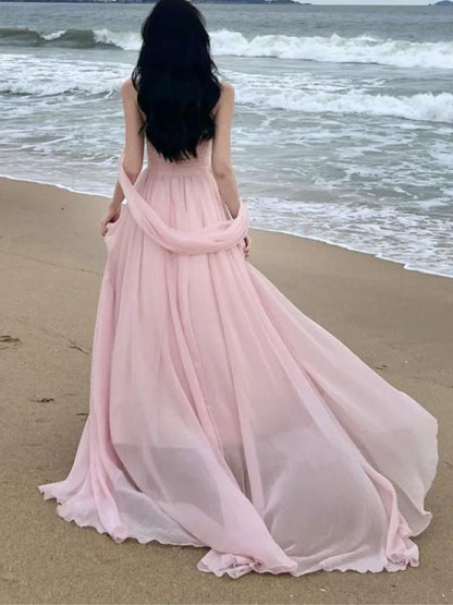 lovwvol Summer Pink Elegant Pleated High Waist Split Long Dress Women Fashion Backless Halter Strapless Fairy Dress Female 2024 Vestido