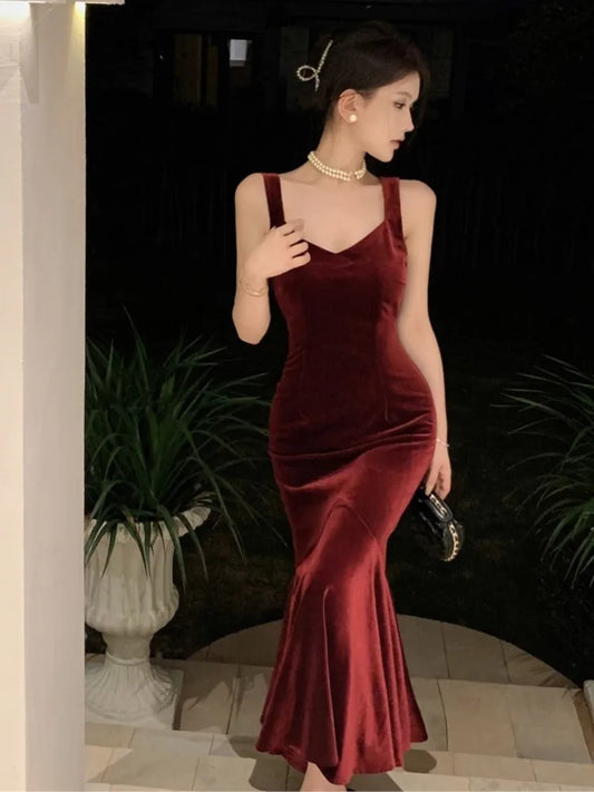 Elegant Burgundy Party Prom Dress Spring Summer Solid Sleeveless Velvet Wedding Robe Lady Bodycon Spaghetti Strap Vestido Mujers