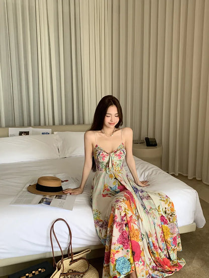 lovwvol  -  Korean style Vacation Dress Summer Sexy  New Dresses Temperament Colorful Retro Low Neck Sling Strap Flower Vestido