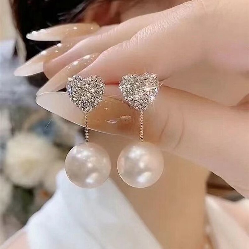 New Metal Heart-Shaped Pearl Earrings For Women Korean Fashion Back Hanging Earring Girls Shiny Zircon Exquisite Jewelry