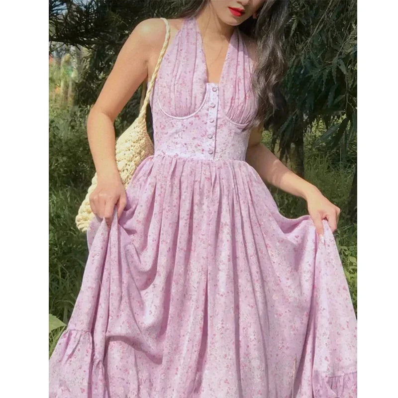 lovwvol Sweet Floral Print Sexy Backless Halter Long Dress Women Summer French Holiday Party Dresses Maxi Robe