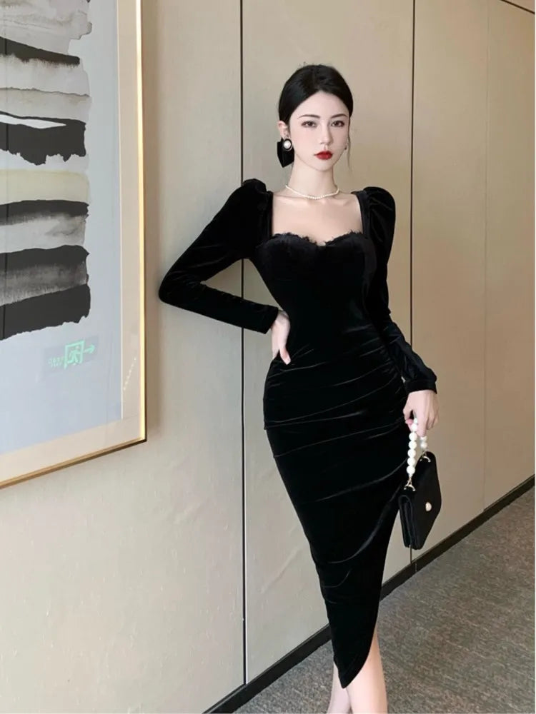 Women Elegant Irregular Pencil Dresses Office Lady Black Workwear Long Sleeve Vestidos Spring Vintage Bodycon Square Collar Robe