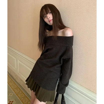 lovwvol   Vintage Japanese Style Sweater Women Solid Sexy Off Shoulder Knitwear Y2k Long Sleeve Jumper Slash Neck Causal Harajuku