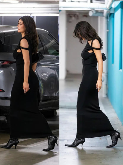 lovwvol - Black Long Dress Female Slim High Waist Off-Shoulder Fashion Elegant Evening Partywear Dress Solid One-Shoulder Maxi Dress