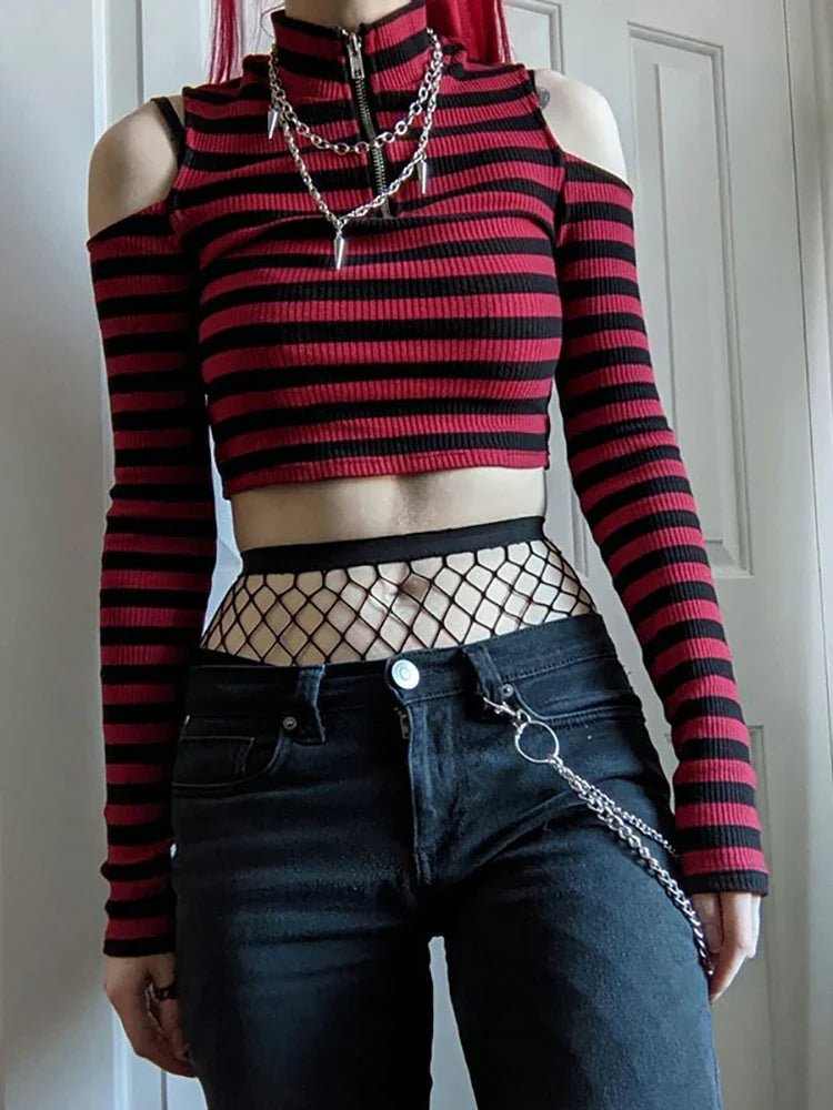 Grunge Striped Mall Gothic Basic T-shirts Punk E-girl Aesthetic Bodycon Casual Crop Tops Long Sleeve Open Shoulder Tee