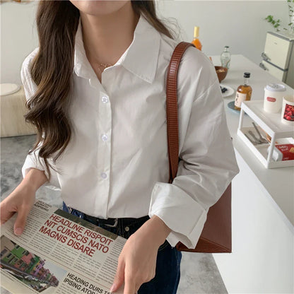 lovwvol Women Blouses Elegant Vintage Streetwear Casual Cotton 100% Loose Button Up White Blue Long Sleeve Office Oversize Shirt Tops