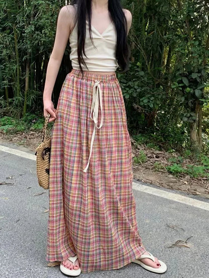 lovwvol Slim Plaid Skirts for Woman Summer Vintage Loose Straight A-line Skirt Y2k Clothing Korean Fashion Faldas Para