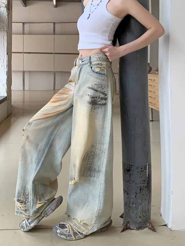 lovwvol  -  Ropa Y2K Grunge Graffiti Distressed Blue Baggy Ripped Jeans Pants For Women Clothes Wide Leg Lady Loose Old Denim Trousers