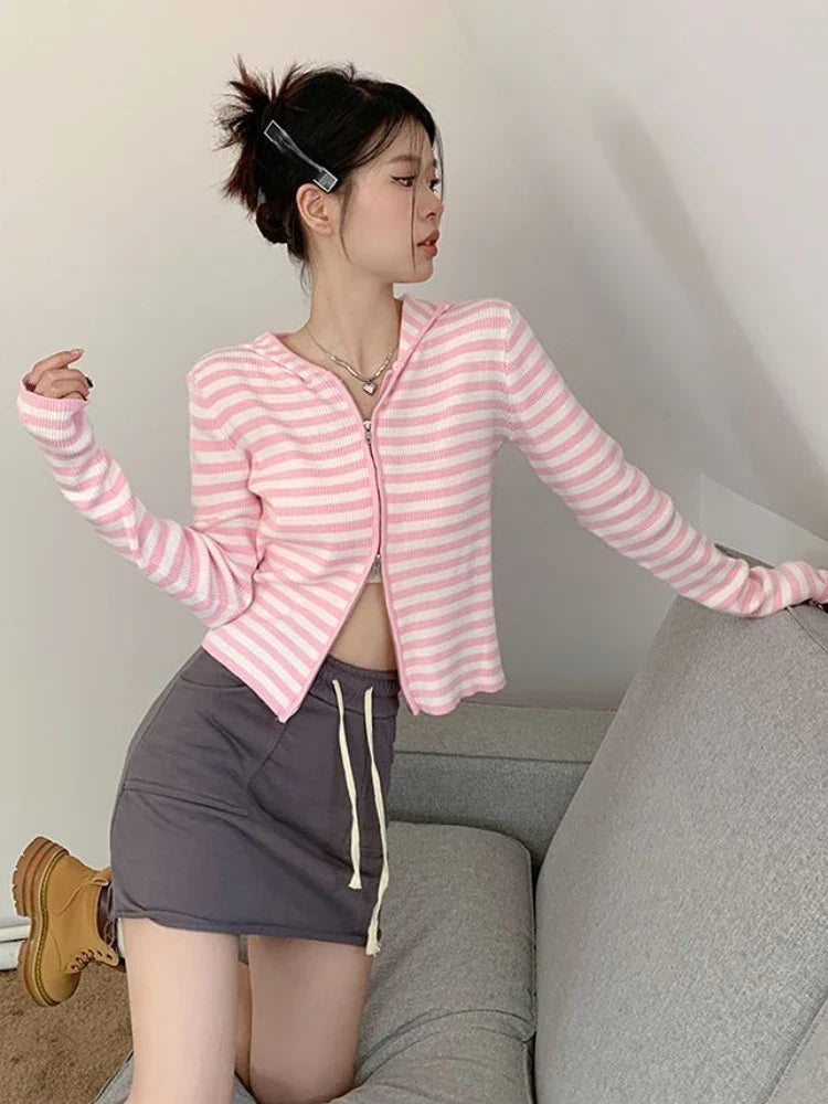 Pink Striped Vintage Y2k Aesthetic Women Cardigan Japanese Knitted Sweater Crop Coat Female Hooded Double Zipper Kardigany