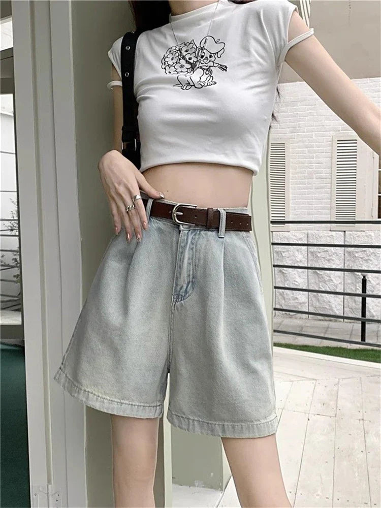 lovwvol Women's A-line Light Blue Thin Denim Shorts Summer Young Girl High Waisted Wide Leg Bottoms Female Knee Length Simple Style Pant