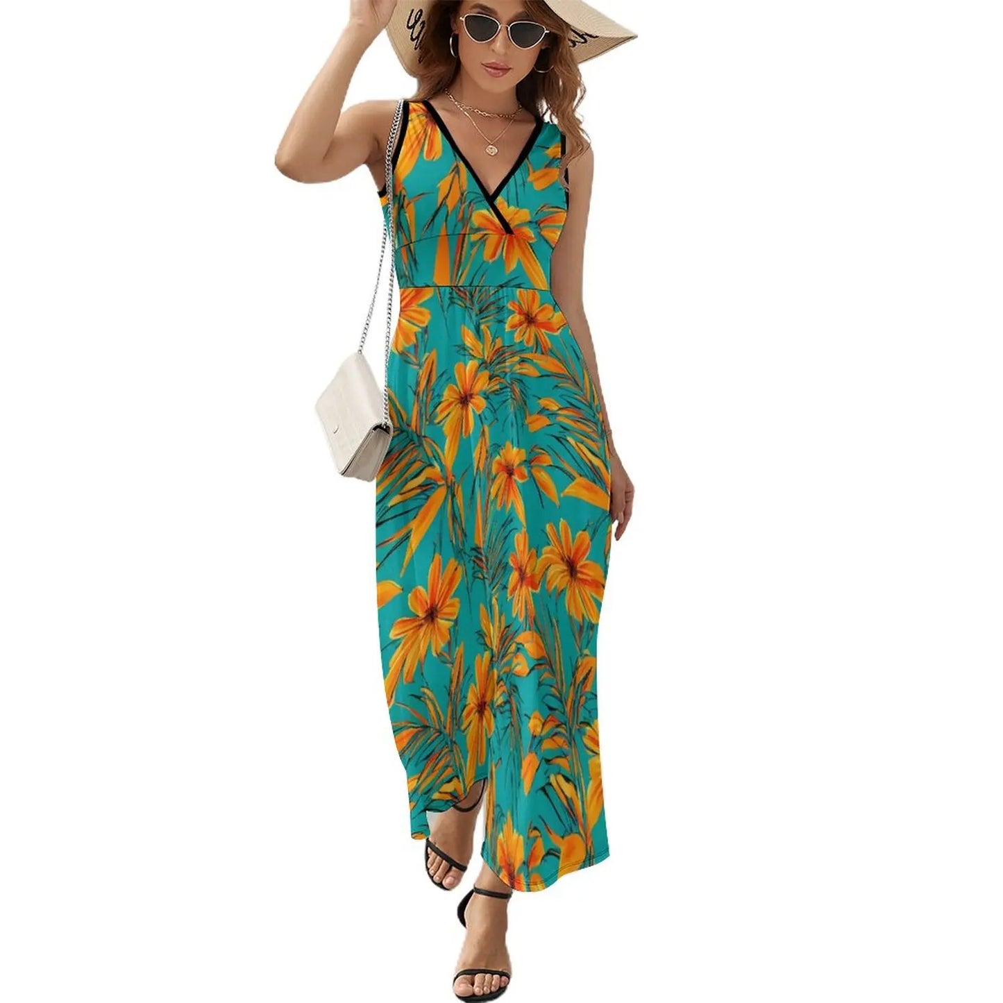 lovwvol Tropical Print Dress Female Orange Flowers Vintage Maxi Dress V Neck High Waist Aesthetic Design Boho Beach Long Dresses