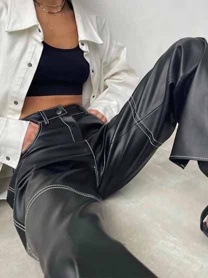 lovwvol  PU Leather Straight Pants Black High Waist Fashion Vintage Long Pant For Women Autumn Style  Trousers Streetwear Y2K