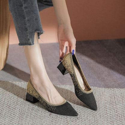 Single Shoes Women's 2023 New Versatile Knitted Shoes Thick Heels and Pointed Toes Slip on Mesh Light Shoes 40 Zapatos De Mujer