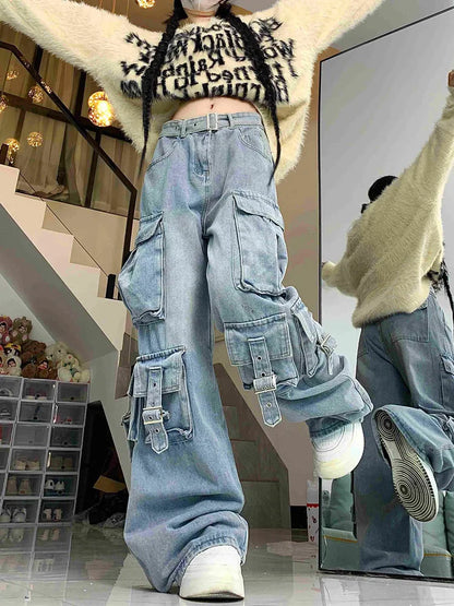 lovwvol Cyber Y2K Streetwear Washed Blue Baggy Cargo Jeans Pants For Women Clothing Multi Pockets Old Wide Leg Dress Lady Trousers