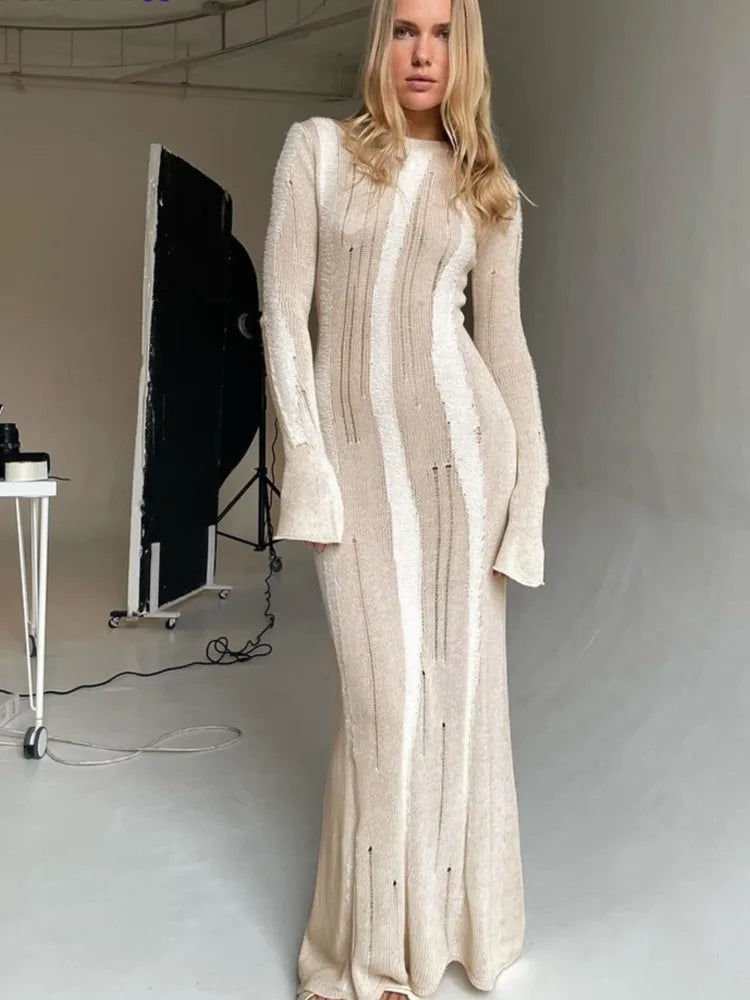 Women Fashion Solid Maxi Knit Dress Elegant Long Sleeve Skinny Stretchy Hollow Out Dresses Ladies Evening Party Bodycon Vestidos