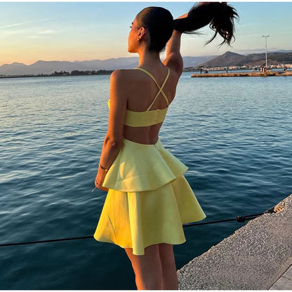 lovwvol Sexy Yellow Satin Women Mini Dress Fashion Backless Sleeveless Pleated A-line Dresses 2024 Summer Lady Party Evening Robes