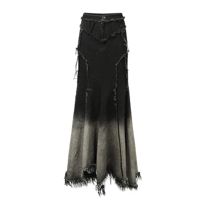 lovwvol Tall Girl Y2k Gradient Denim Maxi Skirt Women Irregular Stitch Frayed Fringe High Waist Harajuku Fishtail Long Skirt