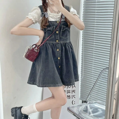 lovwvol Kawaii Strap Denim Short Dress Girls Overalls Summer Fashion High Waist Jeans Clothes Vintage Bow Casual Sleeveless Doll Dresses