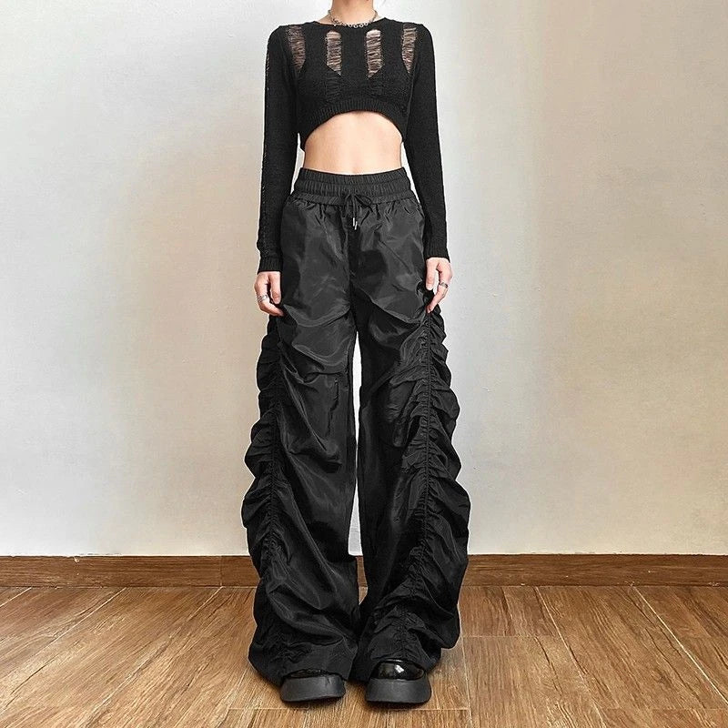 lovwvol Women's Pleated Design Elastic Waisted Wide Leg Black Pants Young Girl Summer Bottoms Female Straight High Waisted Thin Trousers