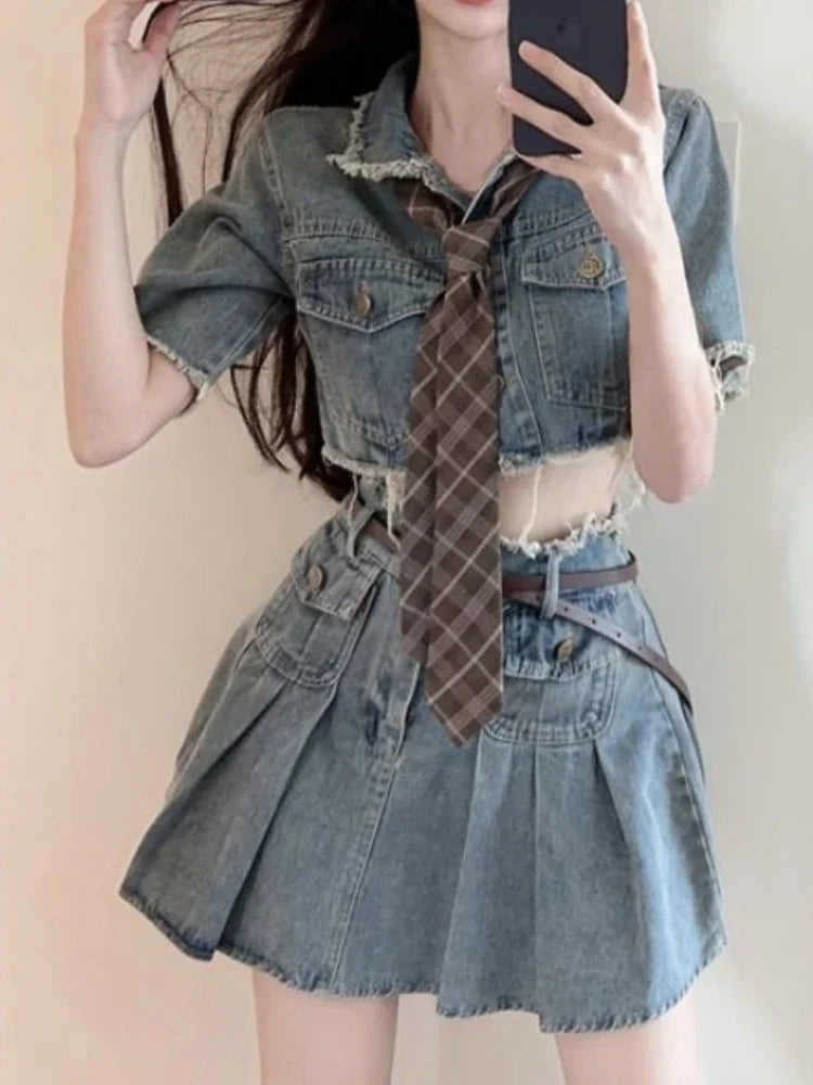 lovwvol Summer Korean Fashion Outfits Retro Denim Safari Party Suits Style Women Casual Elegant Crop Tops + Bodycon Mini Skrits