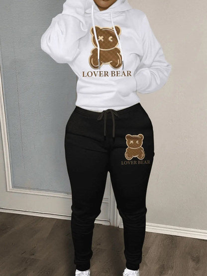 Lovely Bear Letter Print Kangaroo Pocket Tracksuit Set Long Sleeve Hoodie+Drawstring Trousers Women Two Pieces Matching Suits