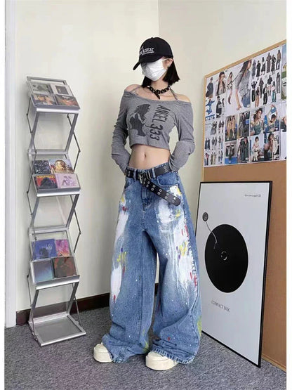 lovwvol Women's Personalized Graffiti Tie Dye Design Jeans Young Girl Denim Trousers Vintage Street Bottoms Female High Waisted Pants