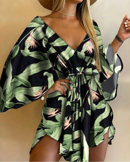 Asymmetric Batwing Sleeve Feather Print Dress