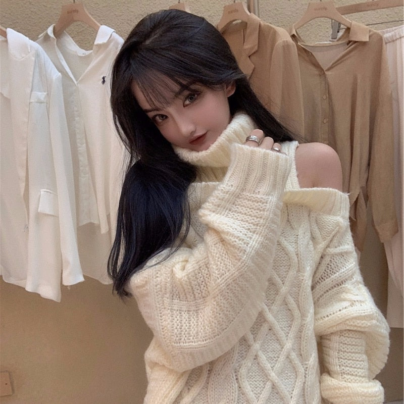 lovwvol lovwvol Autumn Winter Korean Style Women Turtleneck Knitted Sweaters Fashion Wild Knitwear Outwear Female Sexy Off Shoulder Pullovers