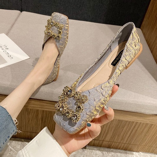 Square Head Flat Shoes Spring and Summer New Black Sequin Rhinestone Soft Bottom Casual Women's Shoes Zapatos De Mujer