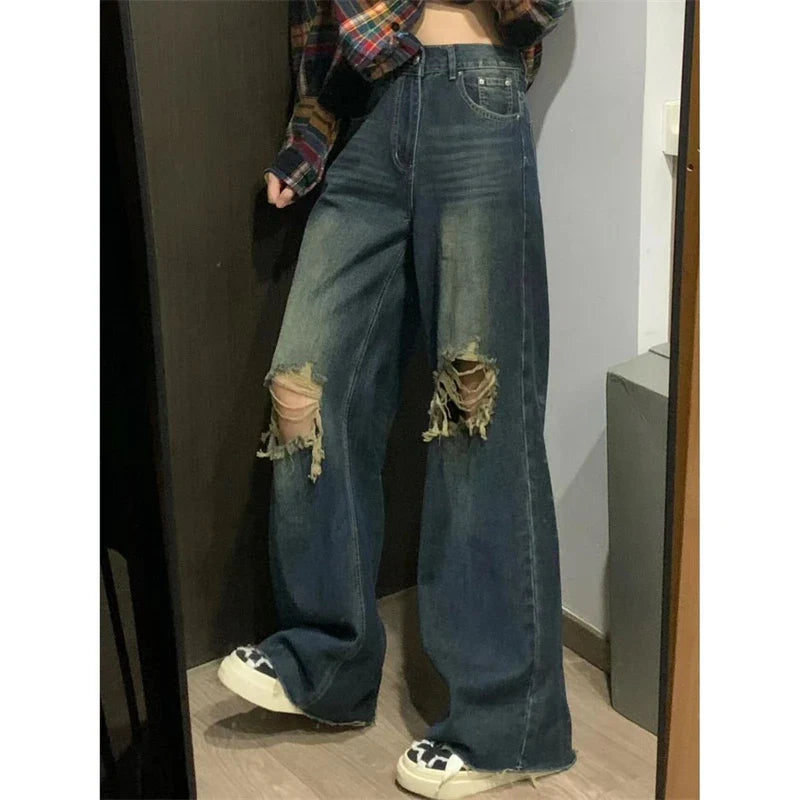 lovwvol Women's Large Distressed Design Casual Jeans Cool Girl Vintage Summer Trousers American Street Style Bottoms Female Straight Pant