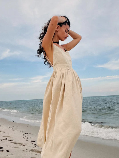 lovwvol   Spring Summer Beach Style Women Dress Vintage Loose A-line Sling Dress Sexy Hot Girl 100% Cotton V-neck Dress