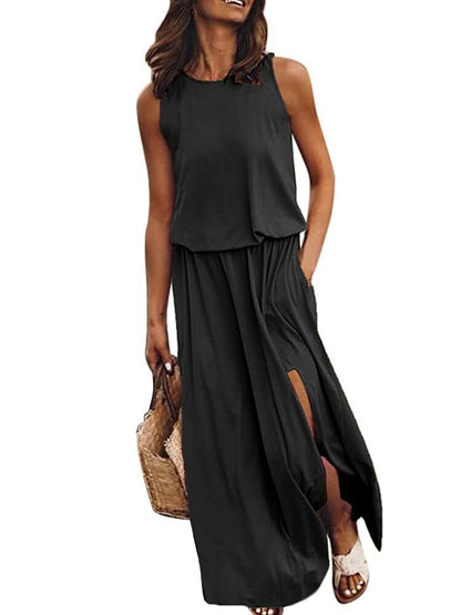 lovwvol Summer Solid Long Dress Women Casual Sleeveless Elastic Waist Side Slit Maxi Dresses Female O-Neck Loose Tank Dress Sundress