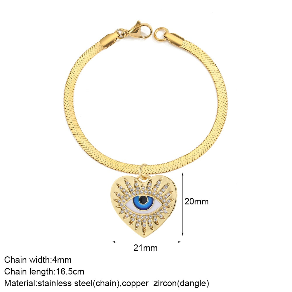 Cute Heart Love Sun Angel Charms Bracelet for Women Evil Blue Eye Gold Color Stainless Steel Chain Copper CZ Dangle Bangle