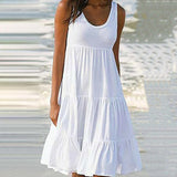 lovwvol Summer Casual Sweet Spaghetti Strap White Dress New Ladies V Neck Knee Length Big Swing Beach Dress Loose Dresses Women