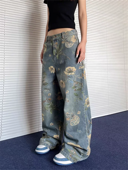 lovwvol Women's Retro Floral Print Straight Baggy Jeans Cool Girl High Waisted Fashion Pants Female Straight Wide-leg Denim Trousers