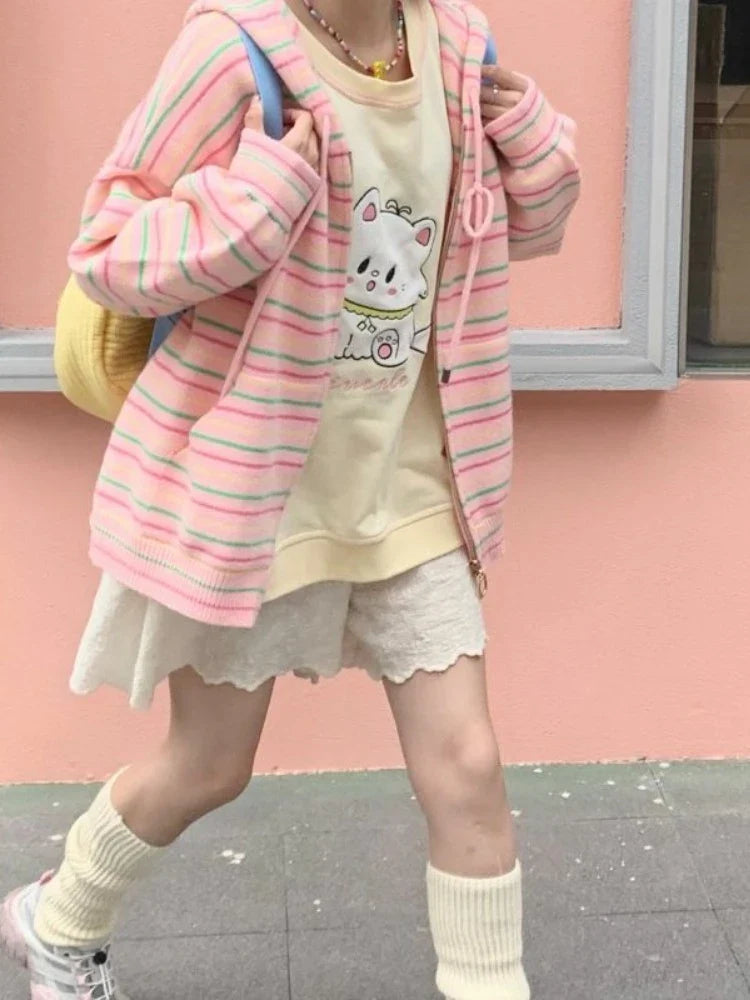 Kawaii Sweet Harajuku Knitted Cardigan Japanese Fashion Y2k Striped Cute Cartoon Embroidery Sweater Soft Gril  Chic