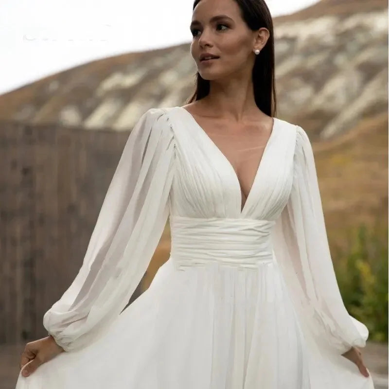 lovwvol Wedding Dress Women 2024 A-Line White Chiffon Long Puff Sleeve Backless Pleat Bridal Gown  Customize To Measures 2024 Bride Gown