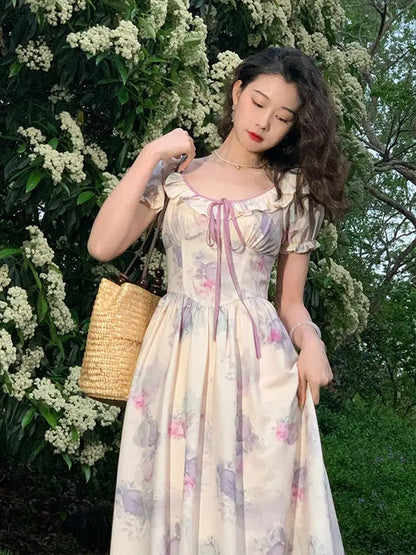 lovwvol French Printing Long Dress Women Bandage Short Puff Sleeve Dress Summer Bodycon Prom Party High Waist Vintage Dresses Woman