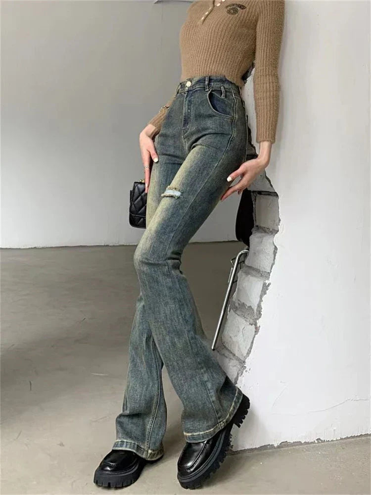 lovwvol Women's Retro Micro Flared Jeans Vintage Street Style Broken Hole Denim Trousers Young Girl Bottoms Female Straight Skinny Pants