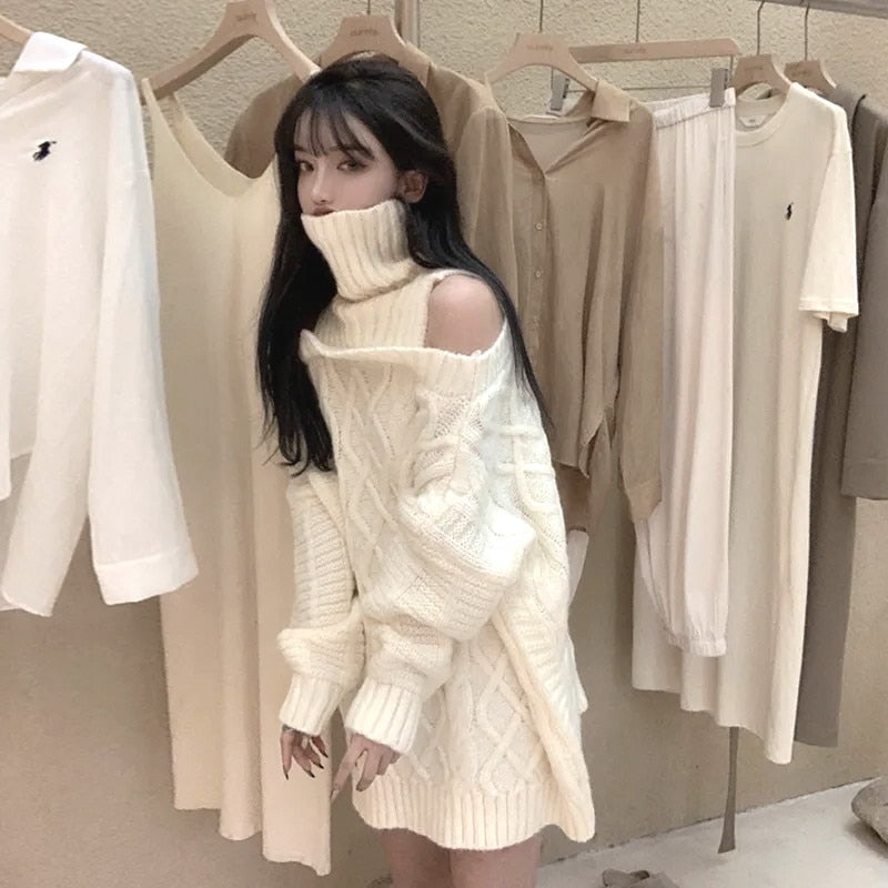 lovwvol lovwvol Autumn Winter Korean Style Women Turtleneck Knitted Sweaters Fashion Wild Knitwear Outwear Female Sexy Off Shoulder Pullovers