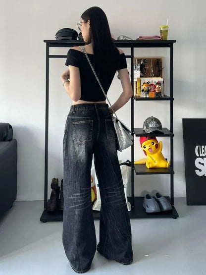 lovwvol Grunge Y2k Black Jeans Women Baggy Vintage High Street Oversized Denim Trousers Gothic Gyaru 2000s Acubi Fashion Jeans