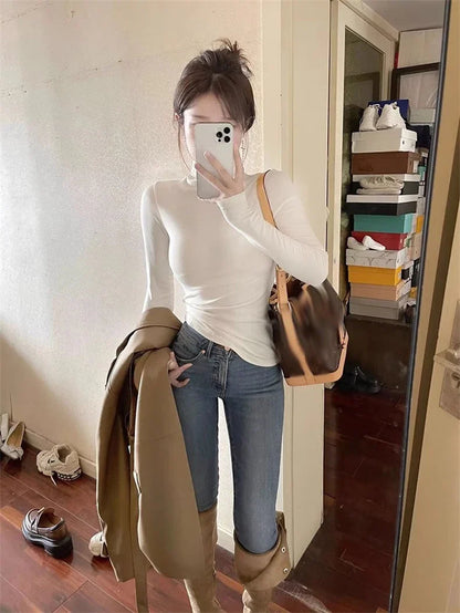 lovwvol White Long Sleeve Slim Basic Women's T-shirts Solid Color Fashion High Collar Simple Slight Stretch Chic Female Blouses